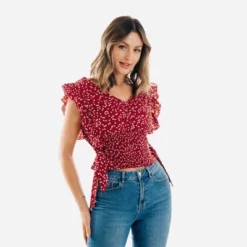 Women's Ruffle Lace Up Smocking Blouse - Cupshe -Dresses City Shop GUEST b2baba60 2f7d 4d1c a993 3f55d045e4ad