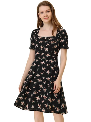 Allegra K Women's Floral Square Neck Midi Smocked A-line Dress 9 Allegra K Women's Floral Square Neck Midi Smocked A-line Dress - Image 7