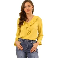 Allegra K Women's Office Work Ruffle V Long Sleeve Neck Chiffon Peasant Blouse -Dresses City Shop GUEST b6481fd1 cf07 48d0 bf9d 25bf302f5427