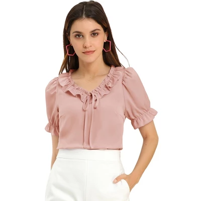 Allegra K Women's Tie V Neck Ruffle Neck Top Puff Sleeve Ruffle Cuff Casual Blouse 11 Allegra K Women's Tie V Neck Ruffle Neck Top Puff Sleeve Ruffle Cuff Casual Blouse - Image 9