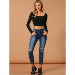 Allegra K Women's Slim Fit Criss Cross Tie Back Scoop Neck Long Sleeve Crop Top -Dresses City Shop GUEST b74f47b1 f83e 4367 8c33 c5ff8ae97348