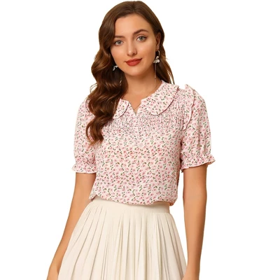 Allegra K Women's Peter Pan Collar Smocked Puff Short Sleeve Ruffle Floral Blouse 7 Allegra K Women's Peter Pan Collar Smocked Puff Short Sleeve Ruffle Floral Blouse - Image 5