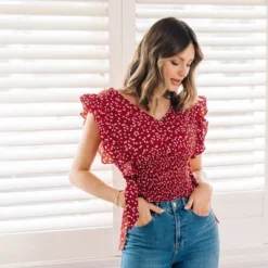 Women's Ruffle Lace Up Smocking Blouse - Cupshe -Dresses City Shop GUEST baf1e759 10fd 4a15 abdb 42e6a893717f