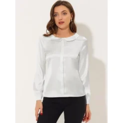 Allegra K Women's Satin Peter Pan Collar Shirt Office Elegant Top Work Blouse