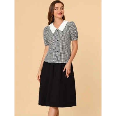 Allegra K Women's Plaid Puff Sleeve Blouse Contrast Collar Button Down Shirt Tops 4 Allegra K Women's Plaid Puff Sleeve Blouse Contrast Collar Button Down Shirt Tops - Image 2