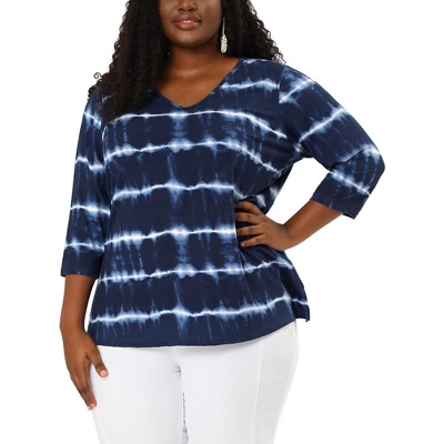 Agnes Orinda Women's Plus Size Tie Dye Side Slit 3/4 Sleeve Stripe V Neck Blouses 8 Agnes Orinda Women's Plus Size Tie Dye Side Slit 3/4 Sleeve Stripe V Neck Blouses - Image 6
