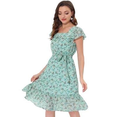 Allegra K Women's Floral Chiffon Flutter Sleeve Belted Square Neck Ruffled Hem Dress 22 Allegra K Women's Floral Chiffon Flutter Sleeve Belted Square Neck Ruffled Hem Dress - Image 20