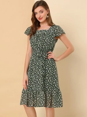 Allegra K Women's Floral Chiffon Flutter Sleeve Belted Square Neck Ruffled Hem Dress 3 Allegra K Women's Floral Chiffon Flutter Sleeve Belted Square Neck Ruffled Hem Dress