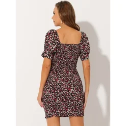 Allegra K Women's Puff Short Sleeve Sweetheart Neck Floral Smocked Bodycon Mini Dress -Dresses City Shop GUEST be187ac8 9060 475c bb5f dfa379a9588e