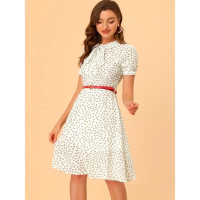 Allegra K Women's Peter Pan Collar Tie Neck Short Sleeves A-Line Elegant Belted Floral Dress 3 Allegra K Women's Peter Pan Collar Tie Neck Short Sleeves A-Line Elegant Belted Floral Dress