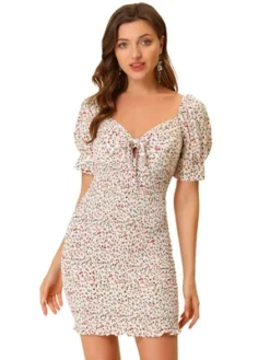 Allegra K Women's Puff Short Sleeve Sweetheart Neck Floral Smocked Bodycon Mini Dress -Dresses City Shop GUEST c089c97b 60e8 4b36 91b2 928422fc0d57