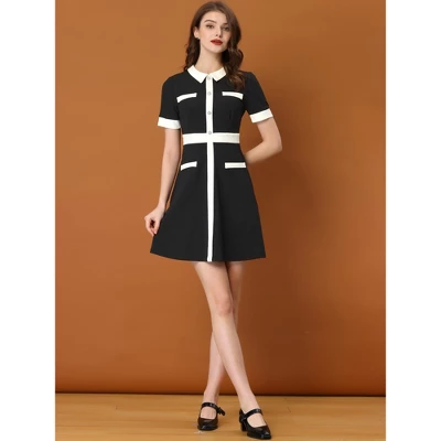 Allegra K Women's Vintage Work Contrast Color Short Sleeve Fit And Flare Dress 4 Allegra K Women's Vintage Work Contrast Color Short Sleeve Fit And Flare Dress - Image 2