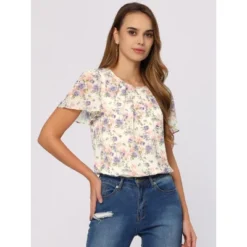 Allegra K Women's Flutter Sleeve Pleated Neckline Casual Chiffon Floral Blouse