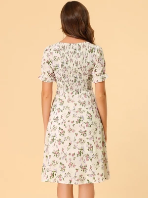 Allegra K Women's Floral Square Neck Midi Smocked A-line Dress 6 Allegra K Women's Floral Square Neck Midi Smocked A-line Dress - Image 4