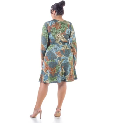 24seven Comfort Apparel Green Plus Size Long Sleeve Knee Length Faux Wrap Dress 4 24seven Comfort Apparel Green Plus Size Long Sleeve Knee Length Faux Wrap Dress - Image 2