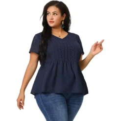 Agnes Orinda Women's Plus Size Contrast Panel V Neck Elastic Back Short Sleeve Blouses -Dresses City Shop GUEST c381388f 9f87 4e2c 9019 bd0e8044ee54