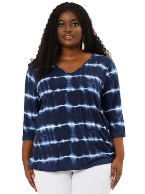 Agnes Orinda Women's Plus Size Tie Dye Side Slit 3/4 Sleeve Stripe V Neck Blouses 4 Agnes Orinda Women's Plus Size Tie Dye Side Slit 3/4 Sleeve Stripe V Neck Blouses - Image 2
