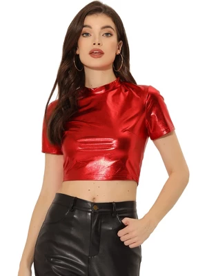 Allegra K Women's Party Short Sleeve Mock Neck Metallic Crop Top 12 Allegra K Women's Party Short Sleeve Mock Neck Metallic Crop Top - Image 10