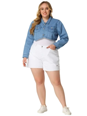 Agnes Orinda Women's Plus Size Classic Denim Long Sleeve Washed Jean Cropped Jacket 4 Agnes Orinda Women's Plus Size Classic Denim Long Sleeve Washed Jean Cropped Jacket - Image 2