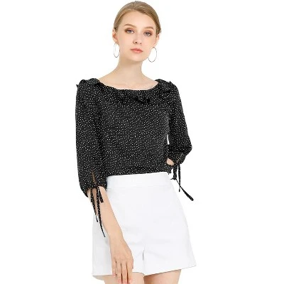 Allegra K Women's Vintage 3/4 Sleeve Boat Neck Ruffled Heart Dots Print Blouse 4 Allegra K Women's Vintage 3/4 Sleeve Boat Neck Ruffled Heart Dots Print Blouse - Image 2