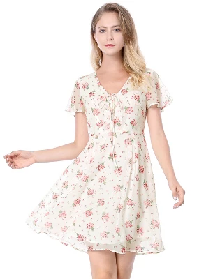 Allegra K Women's Floral Printed Spring Summer Flare Short Sleeve Lace-up V Neck Chiffon Dress 12 Allegra K Women's Floral Printed Spring Summer Flare Short Sleeve Lace-up V Neck Chiffon Dress - Image 10