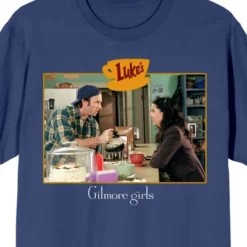 Gilmore Girls Luke And Lorelei In Luke's Cafe Screenshot Women's Navy Blue Graphic Short Sleeve Crew Neck Tee