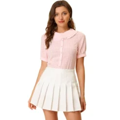 Allegra K Women's Peter Pan Collar Contrast Color Trim Gingham Button Up Shirt -Dresses City Shop GUEST c6f4bf5e e4b9 4215 8317 6c5110a0cc0e