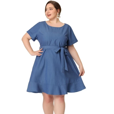 Agnes Orinda Women's Plus Size Belt Waist Ruffle Hem Chambray Shirt Dress 9 Agnes Orinda Women's Plus Size Belt Waist Ruffle Hem Chambray Shirt Dress - Image 7