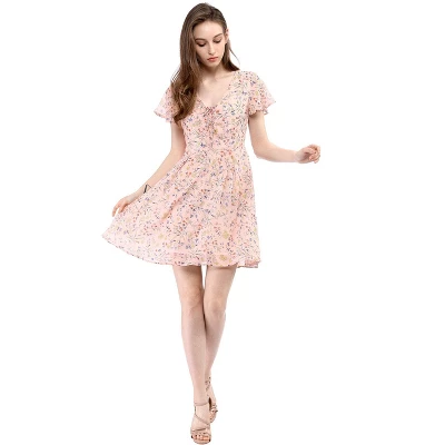 Allegra K Women's Floral Printed Spring Summer Flare Short Sleeve Lace-up V Neck Chiffon Dress 4 Allegra K Women's Floral Printed Spring Summer Flare Short Sleeve Lace-up V Neck Chiffon Dress - Image 2