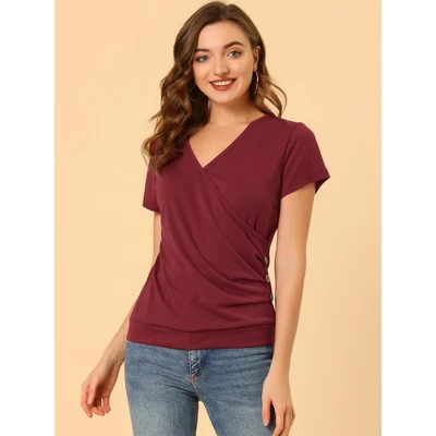 Allegra K Women's Wrap V Neck Short Sleeve Button Decor Ruched Blouses 4 Allegra K Women's Wrap V Neck Short Sleeve Button Decor Ruched Blouses - Image 2