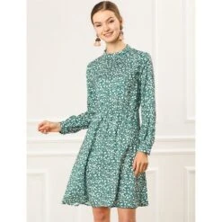 Allegra K Women's Mock Neck Swing Knee Length Long Sleeve A-line Floral Dress -Dresses City Shop GUEST caa911fa 8522 4f13 96fd 15df0030bf53