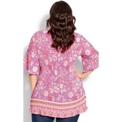 Women's Plus Size Fairville Pleated Tunic - Pink Floral Border | AVENUE