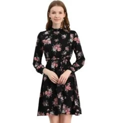Allegra K Women's Mock Neck Swing Knee Length Long Sleeve A-line Floral Dress -Dresses City Shop GUEST cae0d030 6b8f 412f a3fd ab2f97910763