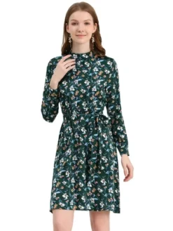 Allegra K Women's Mock Neck Swing Knee Length Long Sleeve A-line Floral Dress -Dresses City Shop GUEST cb8e67c9 1949 4bb7 8194 92092040f1a9