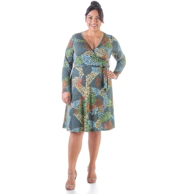 24seven Comfort Apparel Green Plus Size Long Sleeve Knee Length Faux Wrap Dress 6 24seven Comfort Apparel Green Plus Size Long Sleeve Knee Length Faux Wrap Dress - Image 4