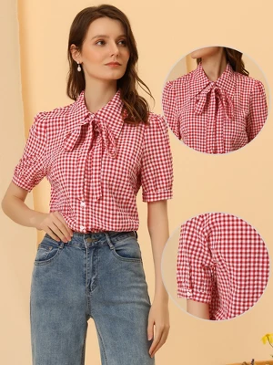 Allegra K Women's Plaid Blouse Bow Tie Neck Puff Short Sleeve Gingham Shirt 3 Allegra K Women's Plaid Blouse Bow Tie Neck Puff Short Sleeve Gingham Shirt