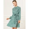 Allegra K Women's Mock Neck Swing Knee Length Long Sleeve A-line Floral Dress