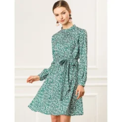 Allegra K Women's Mock Neck Swing Knee Length Long Sleeve A-line Floral Dress