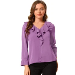Allegra K Women's Office Work Ruffle V Long Sleeve Neck Chiffon Peasant Blouse -Dresses City Shop GUEST d21b81de 7e59 4071 b08a 3a413645ae4a