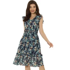 Allegra K Women's Floral Flutter Sleeves V Neck Smocked Ruffle Dress -Dresses City Shop GUEST d47840c5 c81f 4273 b3a1 03929bc0d937