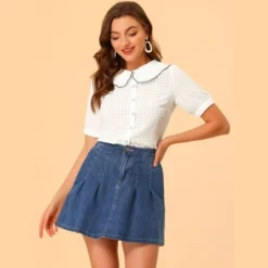 Allegra K Women's Peter Pan Collar Contrast Color Trim Gingham Button Up Shirt -Dresses City Shop GUEST d9d97da7 8891 42d1 b812 5d2aa531534e