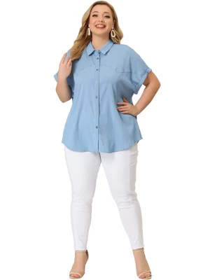 Agnes Orinda Women's Plus Size Chambray Work Roll Sleeves Buttons Down Shirts 4 Agnes Orinda Women's Plus Size Chambray Work Roll Sleeves Buttons Down Shirts - Image 2