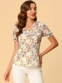Allegra K Women's Ruffle V Neck Puff Short Sleeve Floral Blouse 13 Allegra K Women's Ruffle V Neck Puff Short Sleeve Floral Blouse -Dresses City Shop GUEST da28e848 0a73 45ac 9c8a 5fbb55b50921