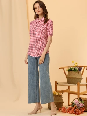 Allegra K Women's Plaid Blouse Bow Tie Neck Puff Short Sleeve Gingham Shirt 5 Allegra K Women's Plaid Blouse Bow Tie Neck Puff Short Sleeve Gingham Shirt - Image 3