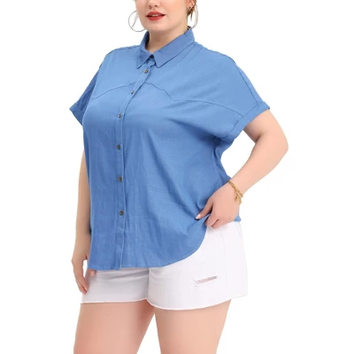 Agnes Orinda Women's Plus Size Chambray Work Roll Sleeves Buttons Down Shirts 9 Agnes Orinda Women's Plus Size Chambray Work Roll Sleeves Buttons Down Shirts - Image 7