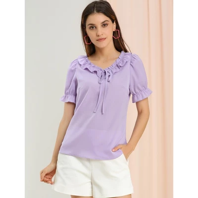 Allegra K Women's Tie V Neck Ruffle Neck Top Puff Sleeve Ruffle Cuff Casual Blouse 4 Allegra K Women's Tie V Neck Ruffle Neck Top Puff Sleeve Ruffle Cuff Casual Blouse - Image 2