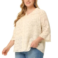 Agnes Orinda Plus Size Top For Women 3/4 Flare Sleeve V Neck Semi Sheer Blouses