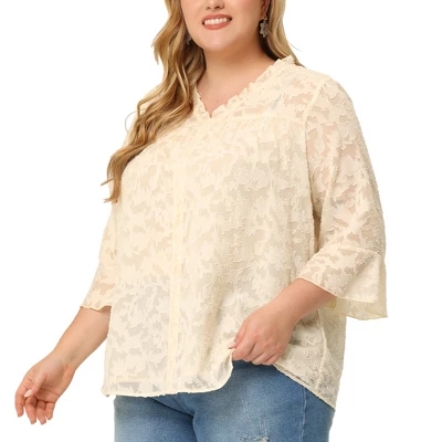 Agnes Orinda Plus Size Top For Women 3/4 Flare Sleeve V Neck Semi Sheer Blouses 3 Agnes Orinda Plus Size Top For Women 3/4 Flare Sleeve V Neck Semi Sheer Blouses