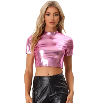 Allegra K Women's Party Short Sleeve Mock Neck Metallic Crop Top 18 Allegra K Women's Party Short Sleeve Mock Neck Metallic Crop Top - Image 16