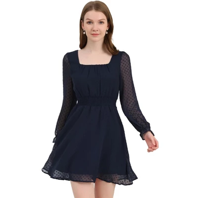 Allegra K Women's Swiss Dots Puff Square Neck Smocked Waist Chiffon Dress 9 Allegra K Women's Swiss Dots Puff Square Neck Smocked Waist Chiffon Dress - Image 7